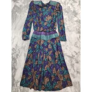 Vintage Patty O'Neil Dress‎ Womens S Green Purple Floral Leaves Rayon Suede Boho